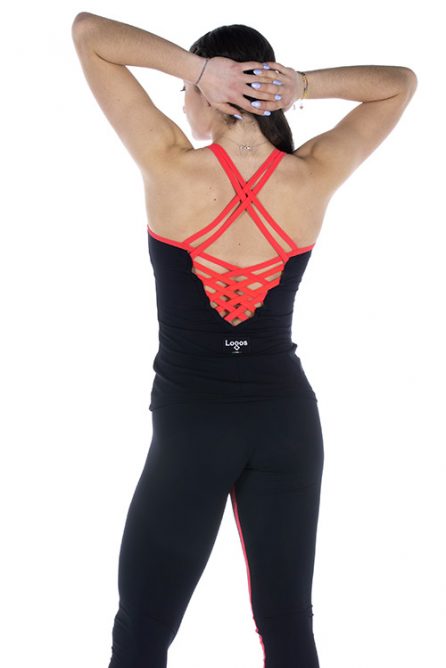 Ice skating black tank top with red crisscrosses on the back