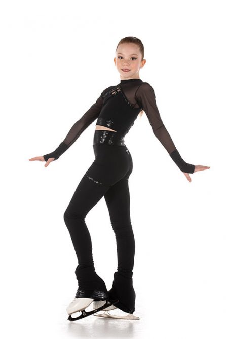 Black pants and long-sleeved shirt with glitter inserts for figure skating
