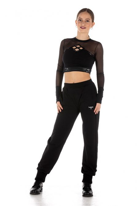 Black crop top with micro mesh long sleeves for girls and women