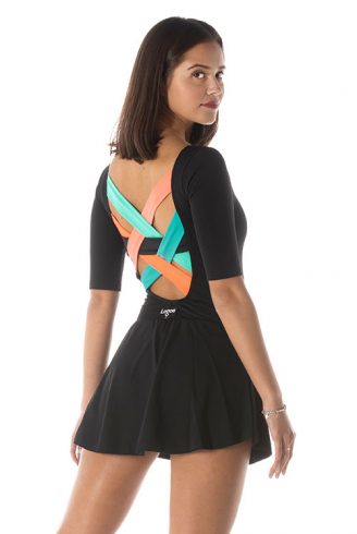 Figure skating black dress with wide back neckline and colored crisscrosses