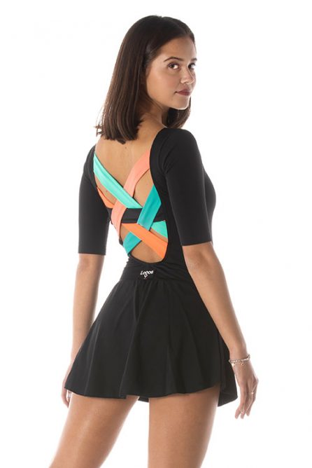 Figure skating black dress with wide back neckline and colored crisscrosses