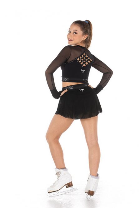 Figure skating outfit with black micro mesh cropped shirt and skirt