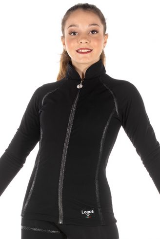 Black thermal jacket for ice skating with zipper and glitter inserts