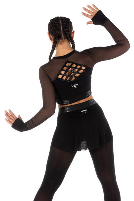 Elegante maglia corta nera con maniche in rete per il pattinaggio artistico